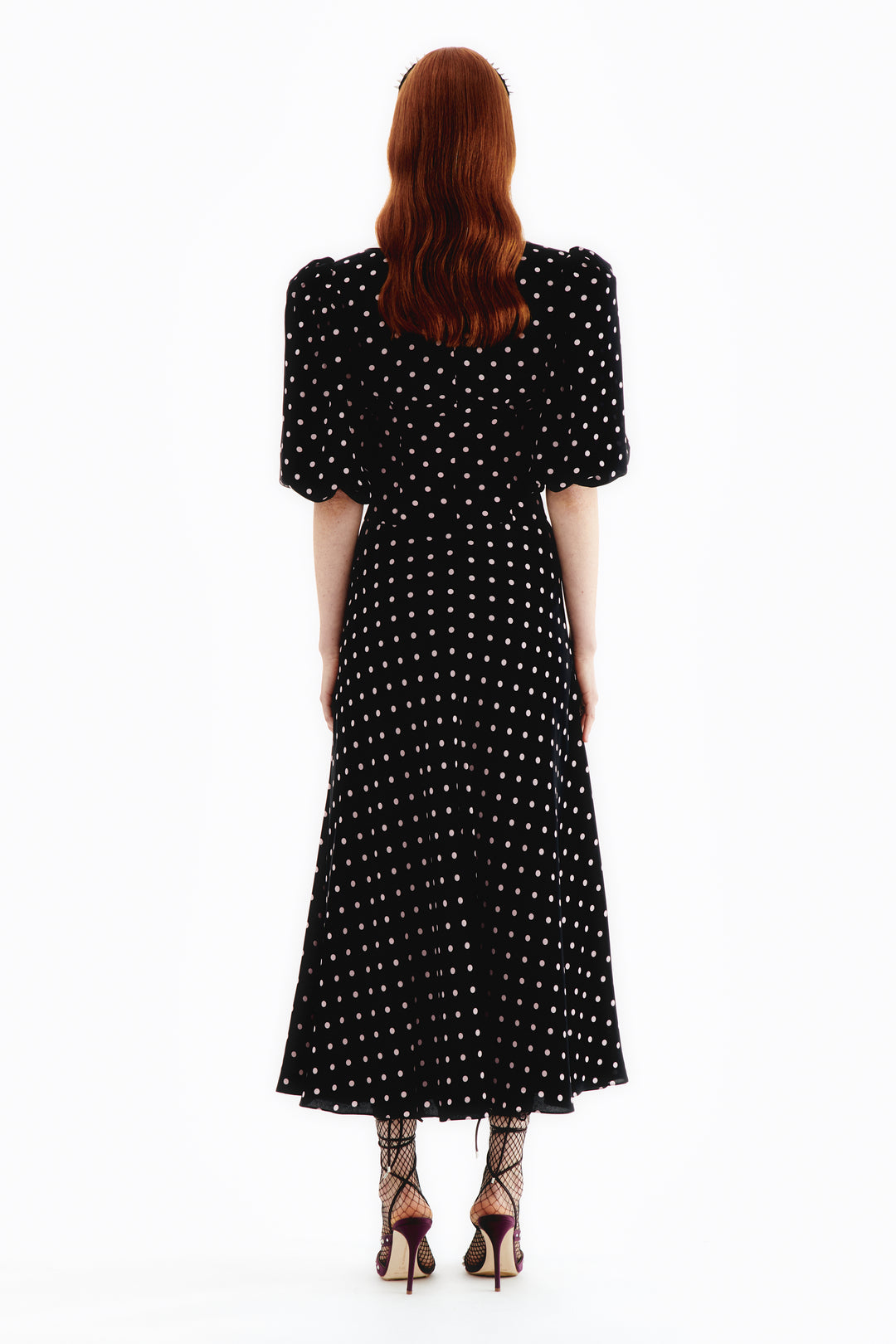 Polka Dot Silk Dress With Puff Sleeves Coveti